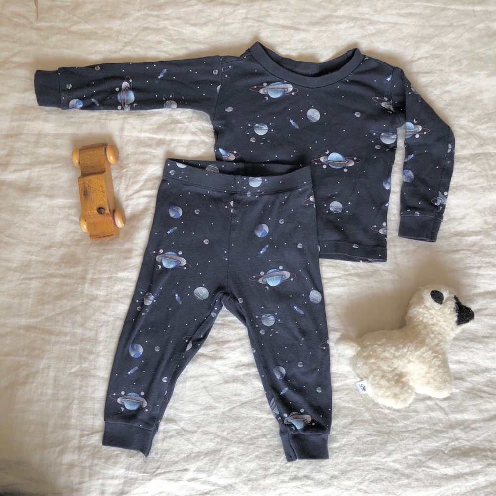 Two piece navy organic cotton space pajamas
